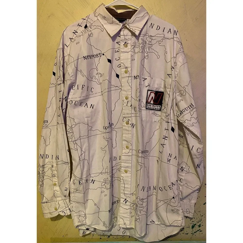 Vintage Nautica Blue water Challenge Ocean Map shirt sz Large Button up - Picture 3 of 10